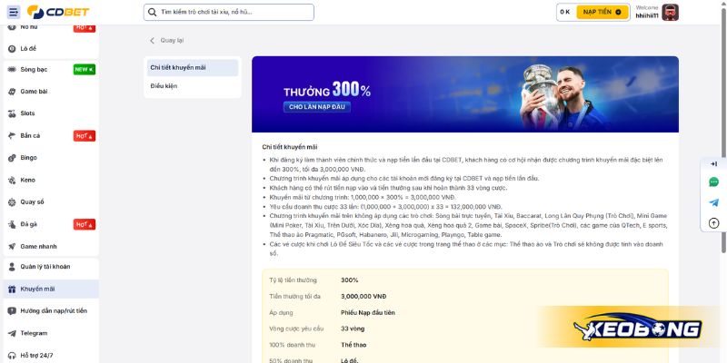 Khuyến mãi nạp lần đầu thưởng 300% lên đến 3.000.000 VNĐ Khuyến mãi nạp lần đầu thưởng 300% lên đến 3.000.000 VNĐ